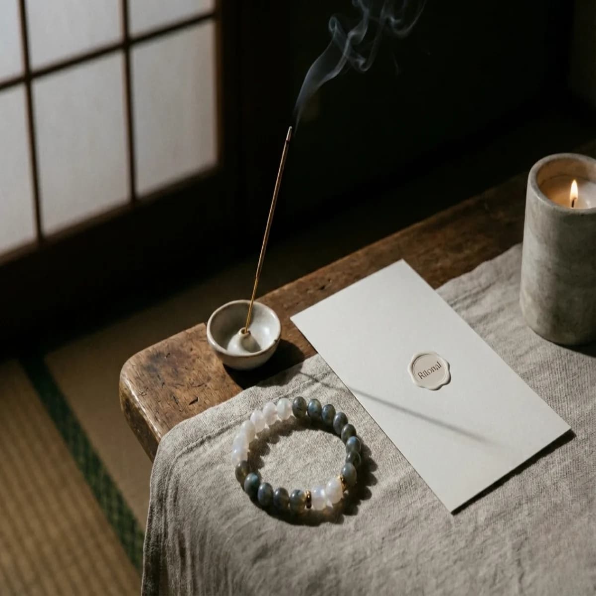 香と月光の静かなわたし時間の空間に置かれた天然石ブレスレット